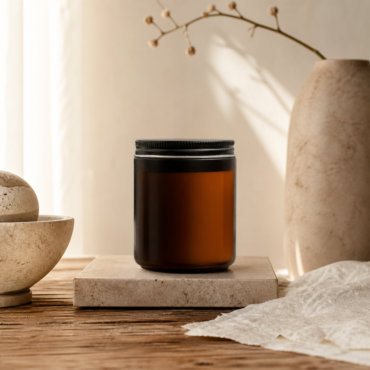 Amber Apothecary Candle by Mioriva in a quiet home setting