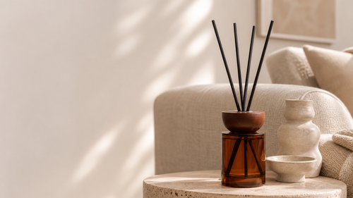 Amber Stillness Reed Diffuser by Mioriva in a quiet home setting