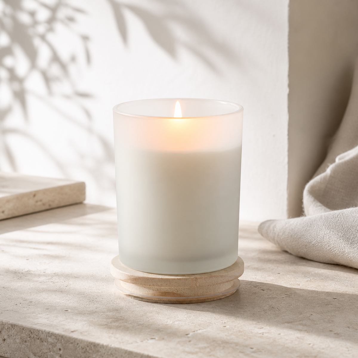 Frosted Vessel Candle by Mioriva in a quiet home setting