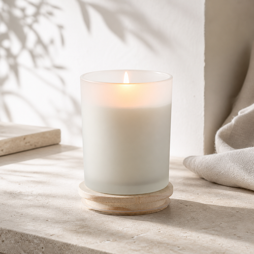 Frosted Vessel Candle by Mioriva in a quiet home setting